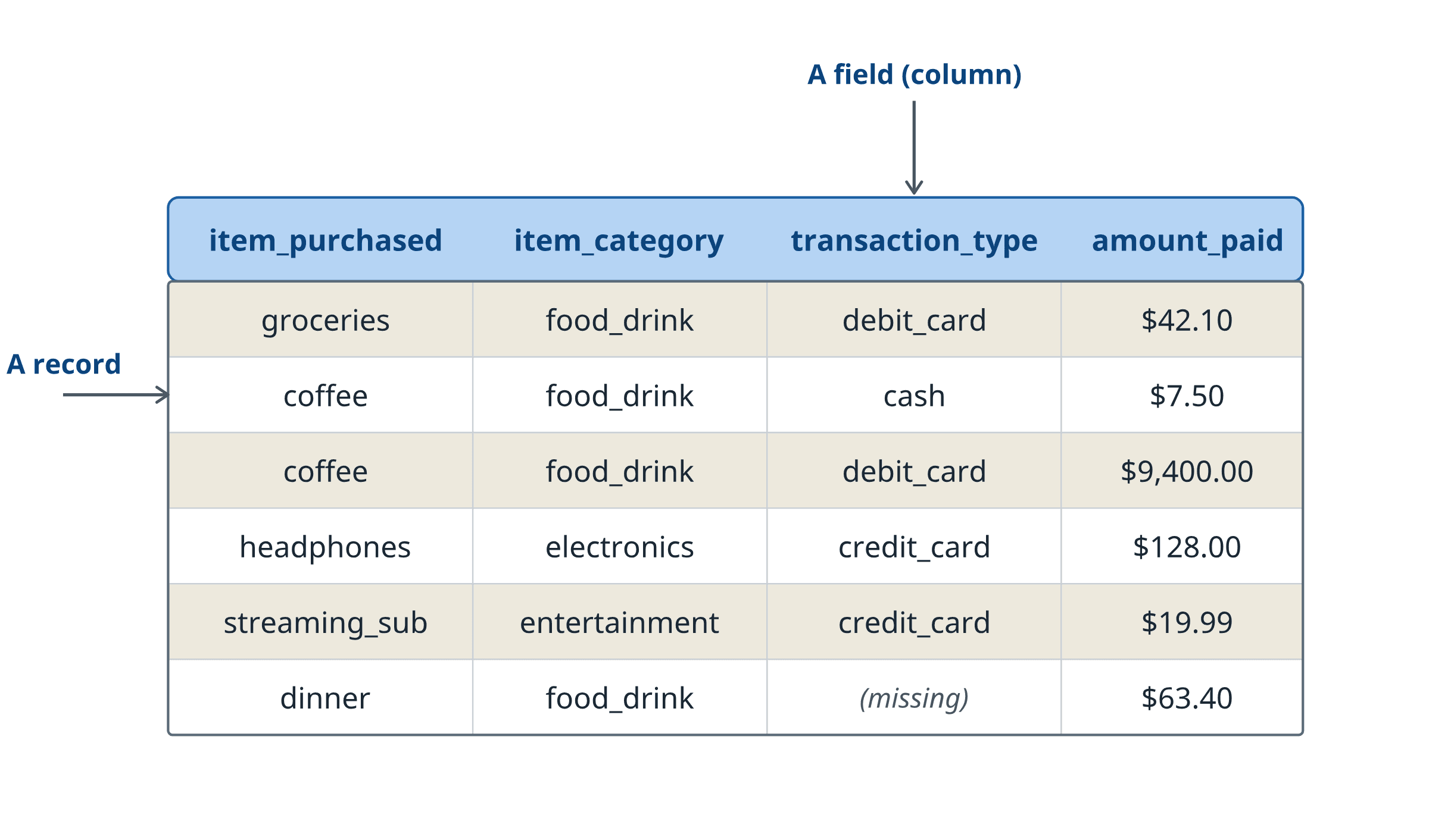 A six-row table with columns item_purchased, item_category, transaction_type, amount_paid. An annotation labels a row as 'a record' and a column as 'a field (column)'.