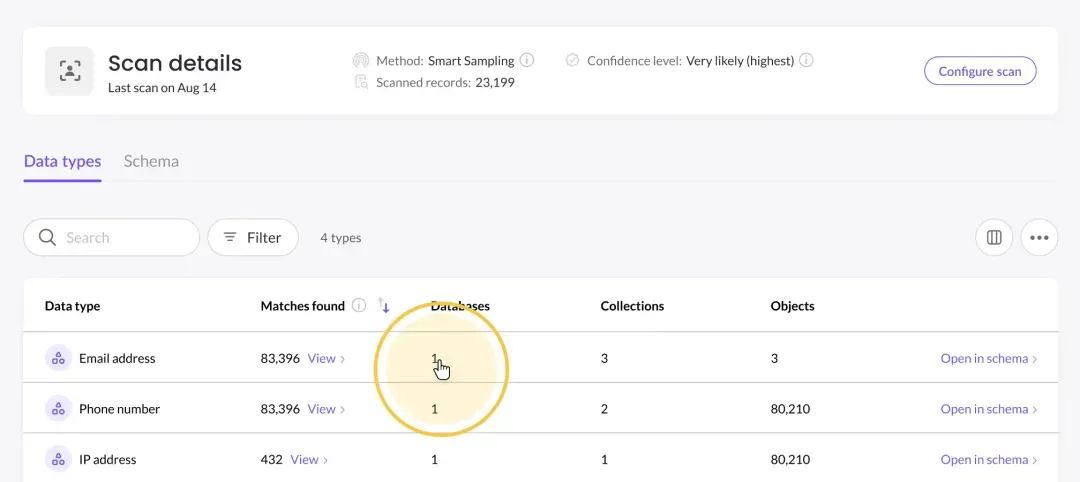 A screenshot of the PII data discovery tool from MineOS.